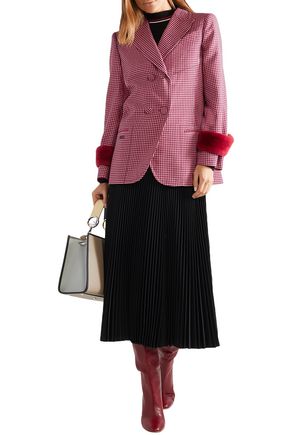 FENDI DOUBLE-BREASTED SHEARLING-TRIMMED HOUNDSTOOTH WOOL BLAZER,3074457345621874351