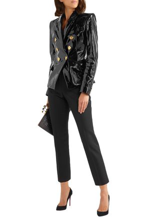 Balmain Double-breasted Patent-leather Blazer In Black