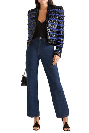 Balmain Woman Cropped Fringed Sequined Woven Jacket Black