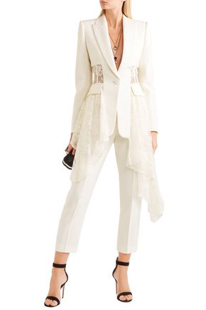 Alexander Mcqueen Asymmetric Wool-blend Cady And Lace Blazer In Ivory