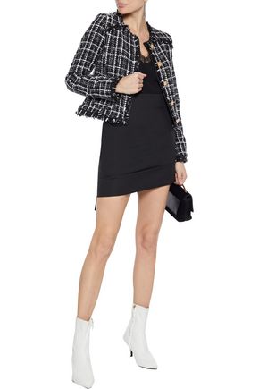 Walter Baker Baca Faux Leather Trimmed Boucle Tweed Jacket In Charcoal Modesens