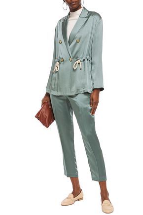 Shop Brunello Cucinelli Double-breasted Bead-embellished Satin Jacket In Grey Green