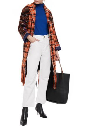 MARNI SATIN-TRIMMED FRINGED CHECKED WOOL-BLEND BOUCLÉ-TWEED COAT,3074457345621975890