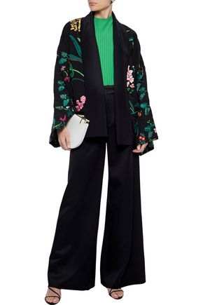 Johanna Ortiz Perla Negra Reversible Tie-neck Embellished Satin-twill Kimono In Black