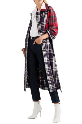 Burberry Patchwork Checked Cotton Trench Coat In Navy