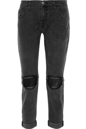 CURRENT/ELLIOTT The Fling leather-trimmed distressed mid-rise boyfriend jeans