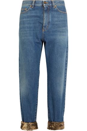 SAINT LAURENT Cropped sequin-embellished high-rise boyfriend jeans