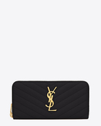 SAINT LAURENT Monogram Matelassé D monogram zip around wallet in black grain de poudre textured matelassé leather f