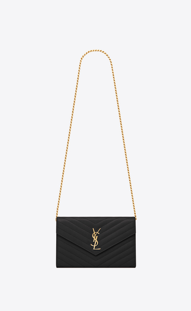SAINT LAURENT Mini sacs Enveloppe Femme portefeuille à chaîne en cuir matelassé texturé noir a_V4