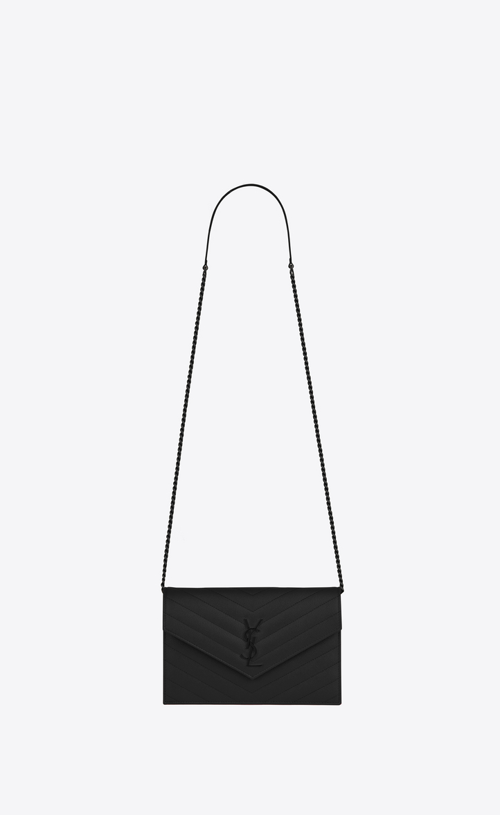 Saint Laurent MONOGRAM SAINT LAURENT Envelope Chain Wallet In Black Grain De Poudre Textured