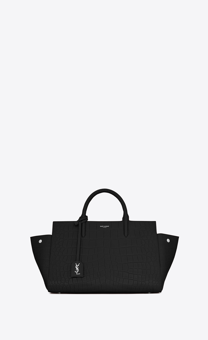 Saint Laurent Small Cabas Rive Gauche Bag In Black Crocodile Zoom Small Cabas Rive Gauche Bag In Black Crocodile Embossed Leather Rear View