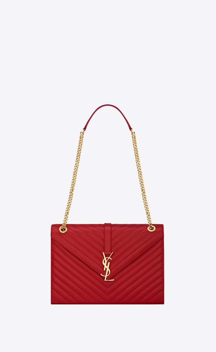 Saint Laurent Large Envelope Chain Bag In Lipstick Red Grain De Large Envelope Chain Bag In Lipstick Red Grain De Poudre Textured Matelassé Leather Front View