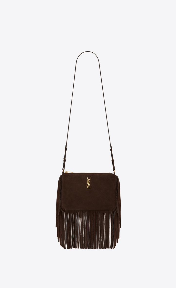 Saint Lau Small Monogram Fringed Crossbody Bag Small Monogram Saint Lau Fringed Crossbody Bag In Brown Suede Front View