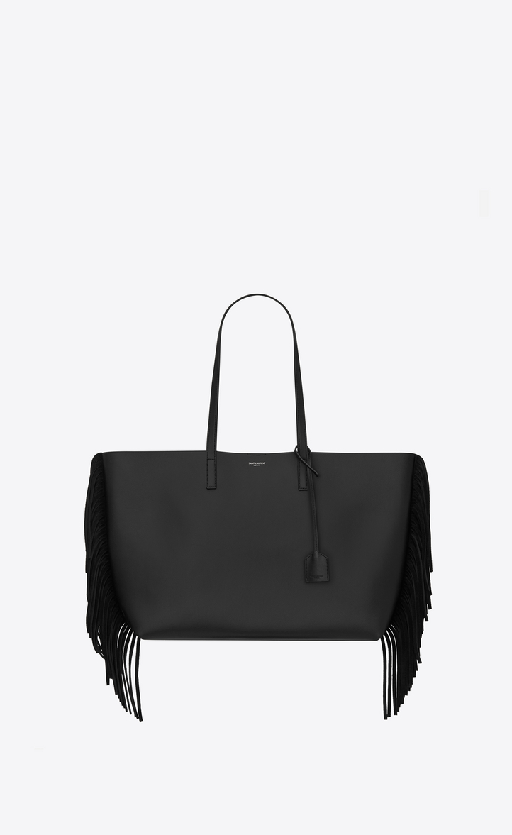 Saint Laurent Large Ping Fringed Tote Bag In Large Ping Saint Laurent Fringed Tote Bag In Black Leather Front View