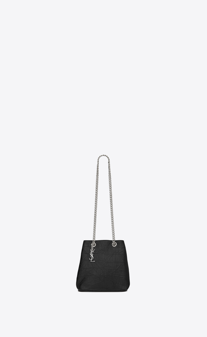 Saint Lau Classic Baby Emmanuelle Chain Bucket Bag In Black Classic Baby Emmanuelle Chain Bucket Bag In Black Crocodile Embossed Leather Front View