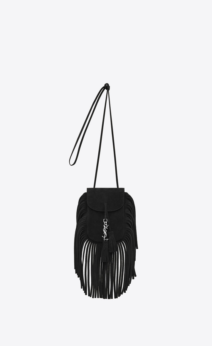 Saint Lau Toy Anita Fringed Flat Bag In Black Suede Ysl Toy Anita Fringed Flat Bag In Black Suede Front View