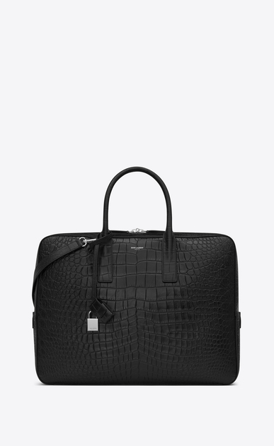 museum briefcase in black crocodile embossed leather