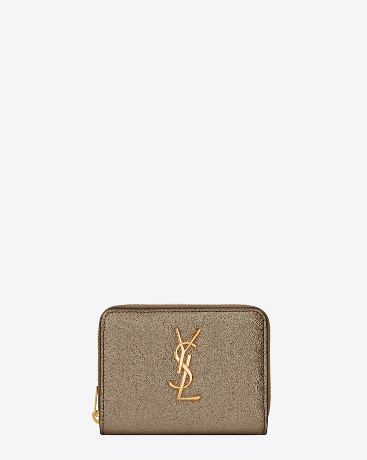 Saint Laurent 그레이 메탈릭 그레인드 가죽 소재의 모노그램 생 로랑 컴팩트 지퍼 어라운드 지갑 | 입생로랑 | 생 로랑 | SAINT... 