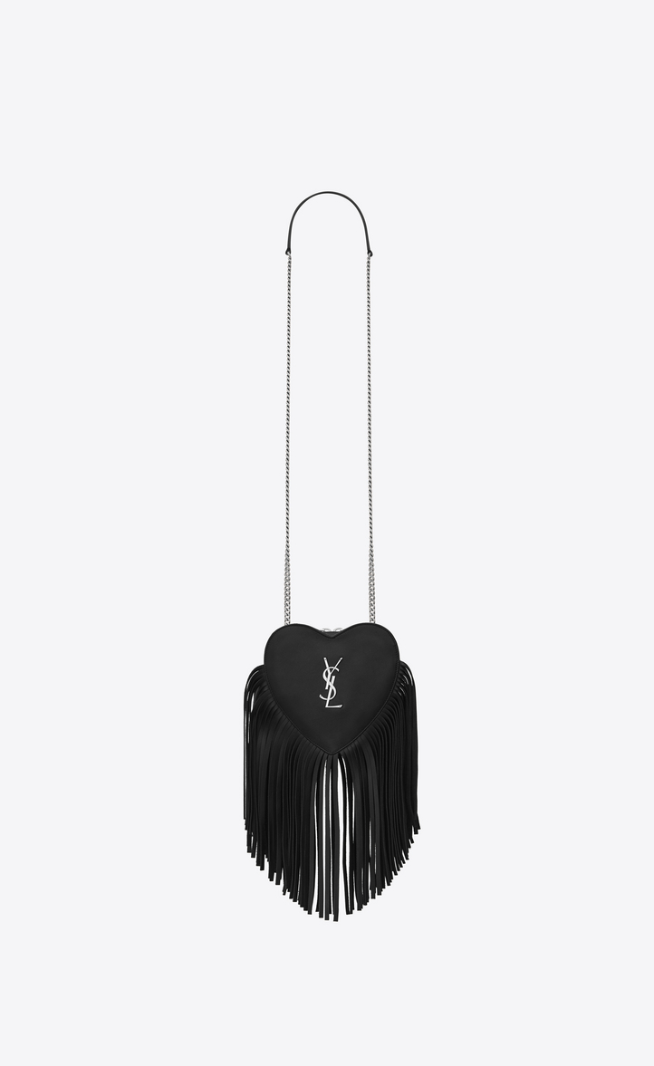 Saint Lau Small Love Fringed Heart Chain Bag In Black Leather Small Love Fringed Heart Chain Bag In Black Leather Front View