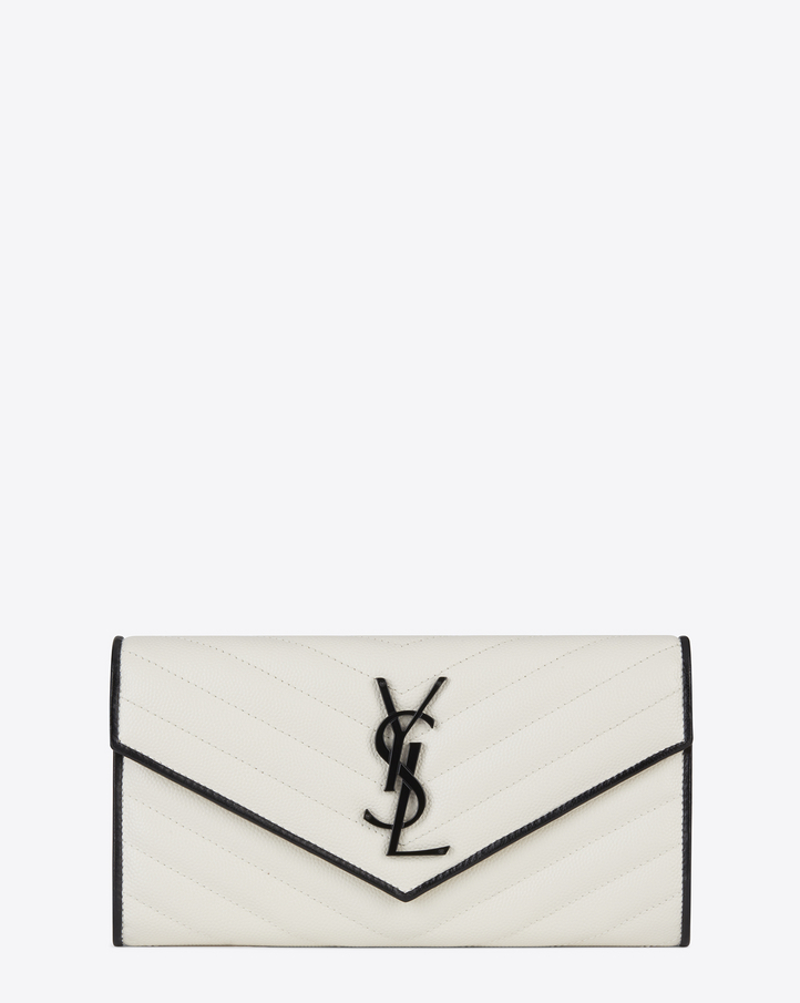 Saint Laurent Large Monogram Flap Wallet In Dove White And Black Grain ...