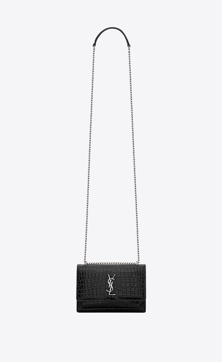 Saint Laurent Sunset Chain Wallet In Black Crocodile Embossed Shiny ...