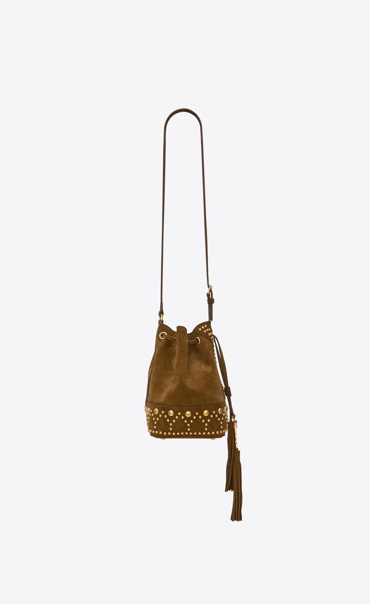 Saint Laurent Small Y STUDS Bucket Bag In Cognac Suede And Gold Toned Metal