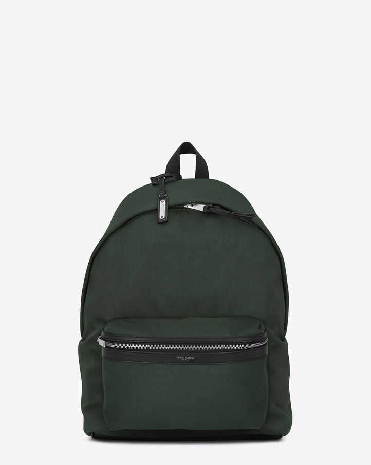 Saint Laurent CITY Backpack In Dark Green Nylon Canvas And Black