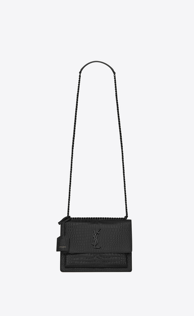 Mittlere Sunset Tasche aus schwarzem Glanzleder mit Krokodilledereffekt
