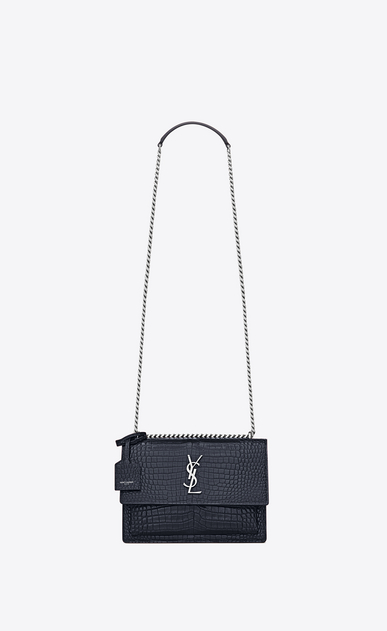 SAINT LAURENT Sunset Femme Sac Medium SUNSET en cuir brillant embossé façon crocodile glacé bleu foncé a_V4