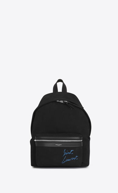 SAINT LAURENT City Backpack レディース 刺繍入りミニシティバックパック。ブラックとブルーが対角に入ったキャンバス地 a_V4