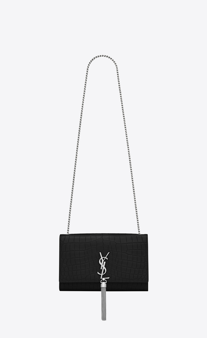 Saint Lau Medium Kate Tassel Chain Bag In Black Crocodile Medium Kate Tassel Chain Bag In Black Crocodile Embossed Leather Front View