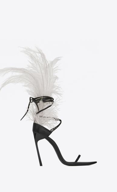 SAINT LAURENT Majorelle Woman IRIS 105 sandal in black leather and beige ostrich feathers a_V4