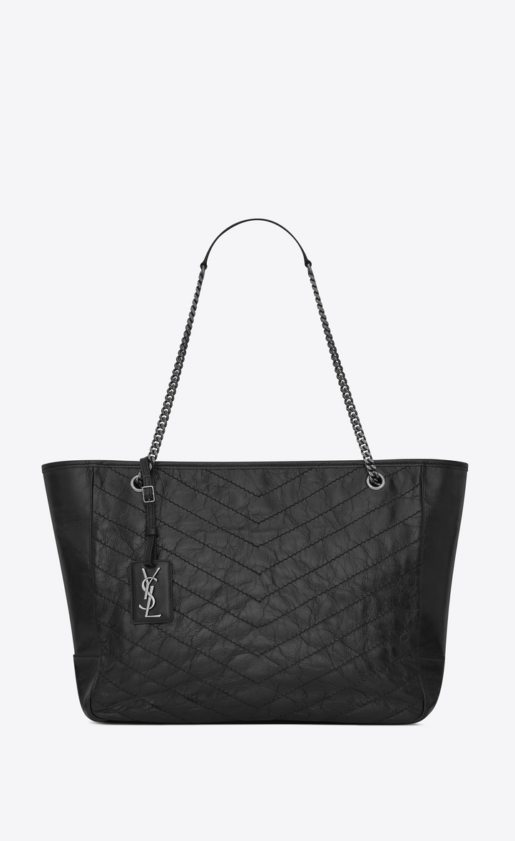 Saint Laurent Large Niki Ping Bag In Crinkled And Quilted Large Niki Ping Bag In Crinkled And Quilted Black Leather Front View