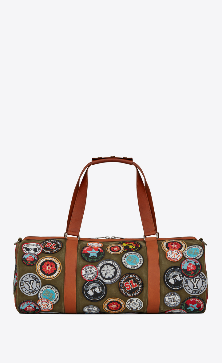 Saint Lau Noe Duffle Bag With Multicolored Noe Saint Lau Duffle Bag With Multicolored Patches In Khaki Gabardine Front View