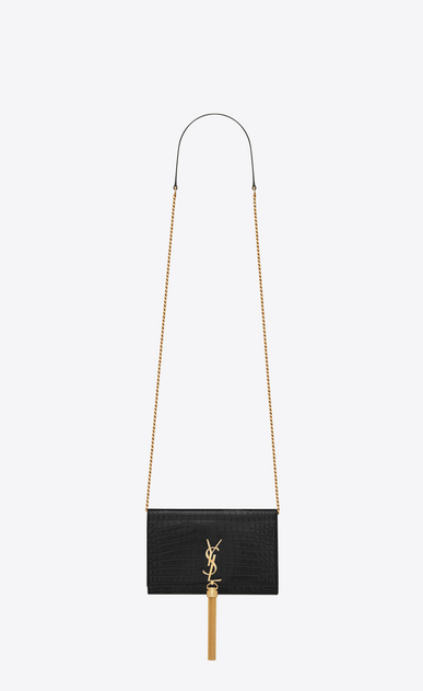 SAINT LAURENT Mini sacs Kate Femme Portefeuille à chaîne et pompon KATE en cuir brillant embossé façon crocodile noir a_V4