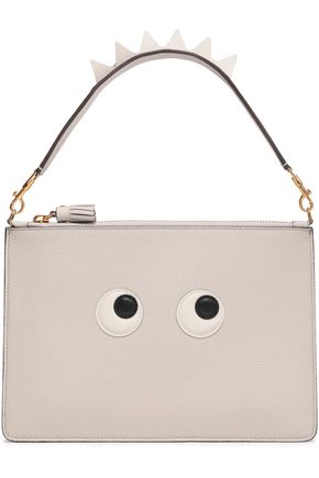 ANYA HINDMARCH ANYA HINDMARCH WOMAN APPLIQUÉD PEBBLED-LEATHER POUCH LIGHT GRAY,3074457345619677511