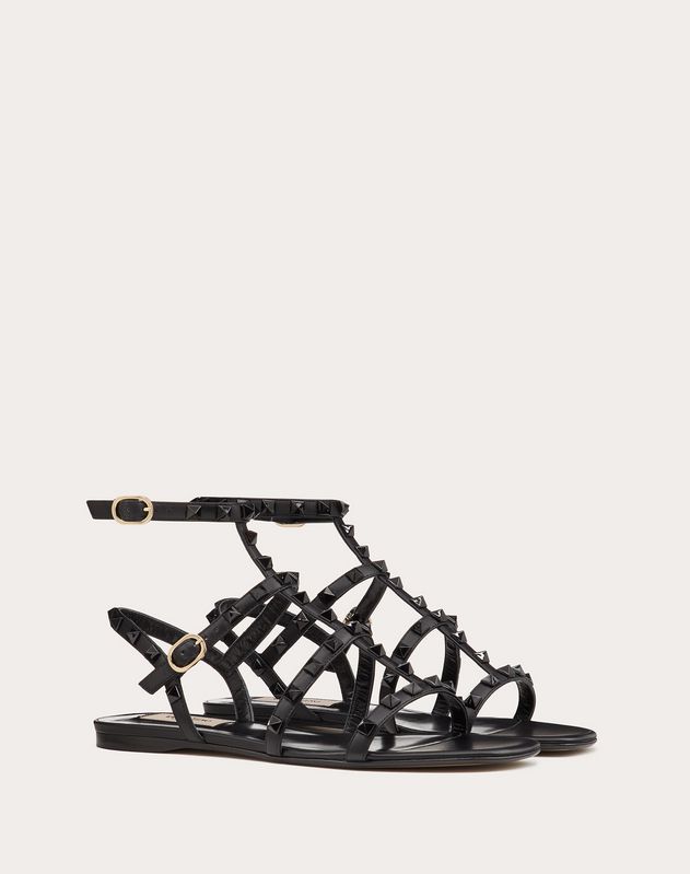 Lacquer Stud Rockstud Caged Flat Sandal for Woman | Valentino Online ...