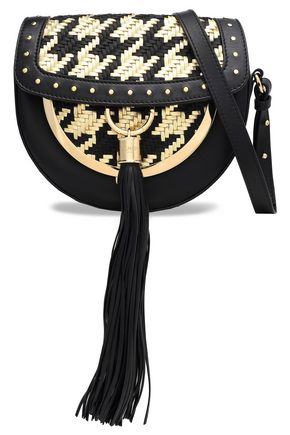 Balmain Woman Embellished Matte And Metallic Woven Leather Shoulder Bag Black
