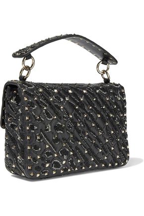 Valentino Garavani Rockstud Spike Bead-embellished Quilted Cracked-leather Shoulder Bag In Black
