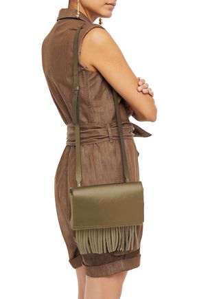 Brunello Cucinelli Fringed Metallic Leather And Suede Shoulder Bag In Brass