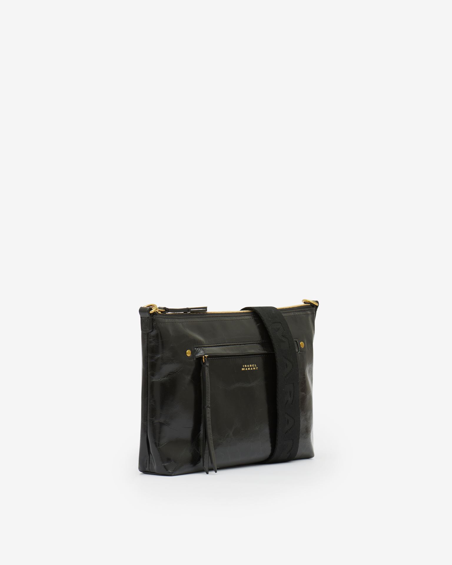 Isabel Marant Nessah Crinkled Glossed-leather Shoulder Bag In Black