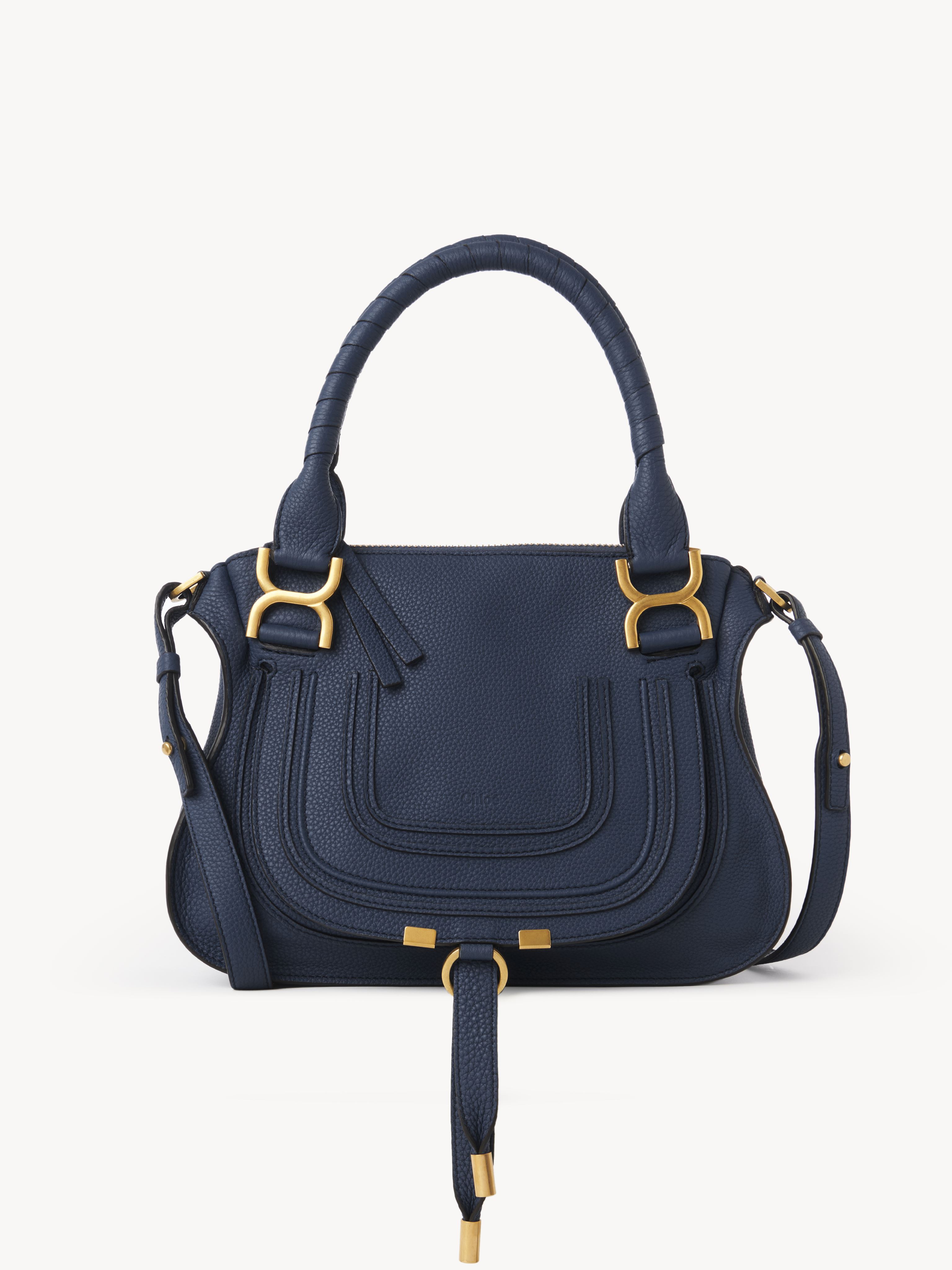 Shop Chloé Small Marcie Bag In Grained Leather Blue Size Onesize 100% Calf-skin Leather In Bleu