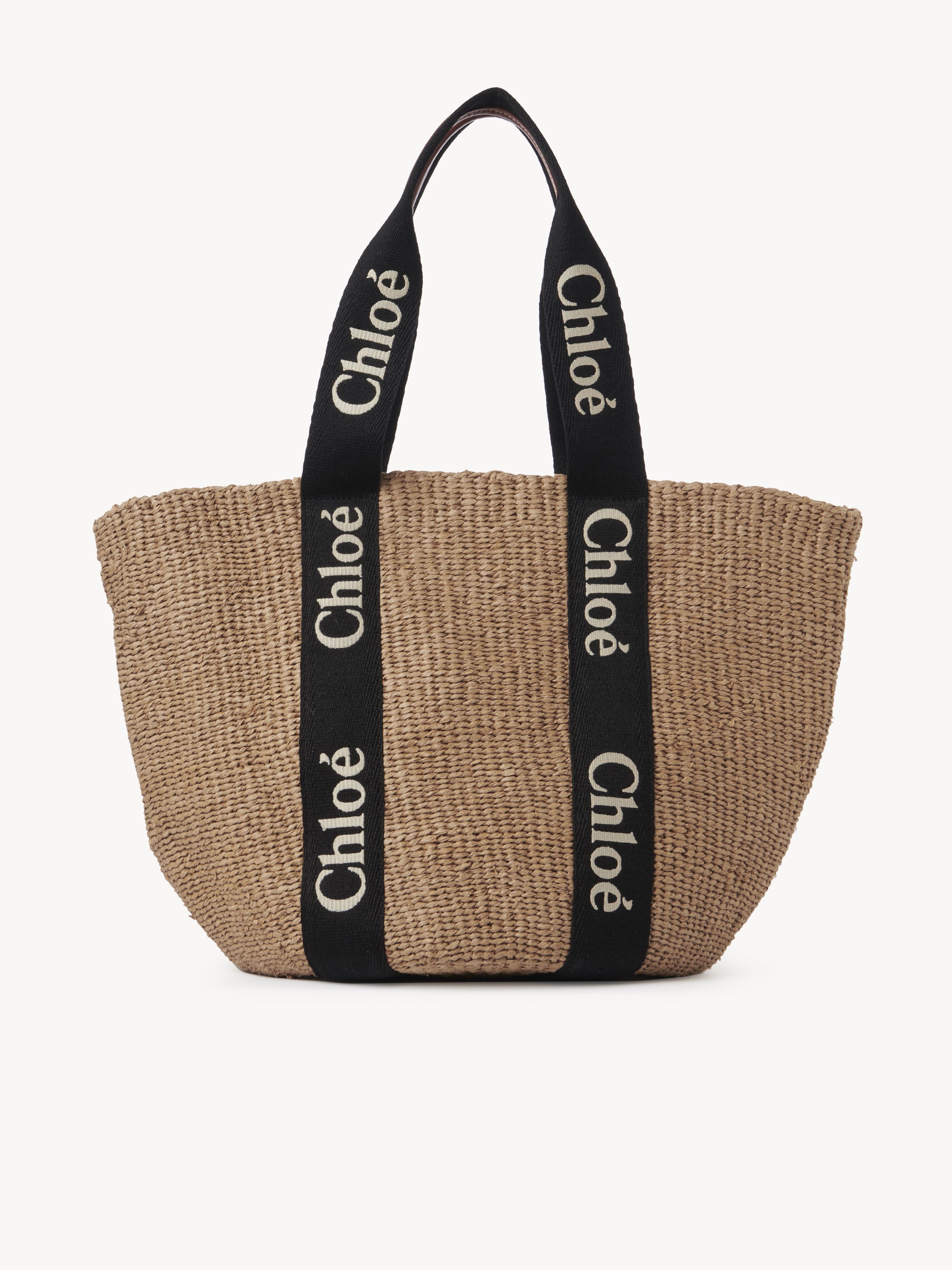 Chloé Large Woody Tote Bag In Natural Fibers Black Size Onesize 100% Paper, Calf-skin Leather In Noir