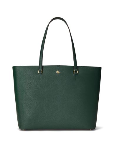 Shop Lauren Ralph Lauren Crosshatch Leather Large Karly Tote Woman Handbag Green Size - Bovine Leather
