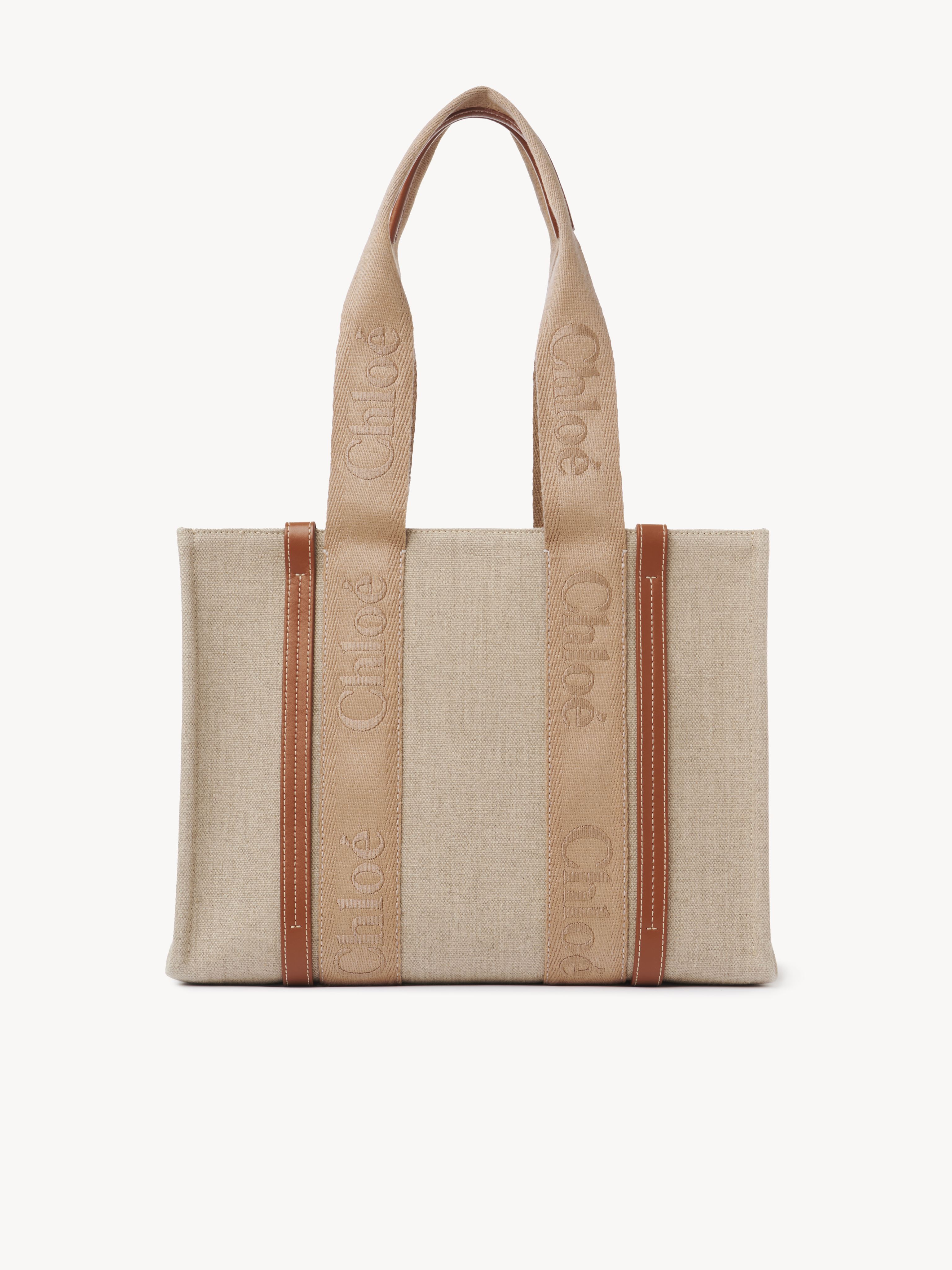 Chloé Woody Tote Bag In Linen Orange Size Onesize 100% Linen, Calf-skin Leather, Polyester