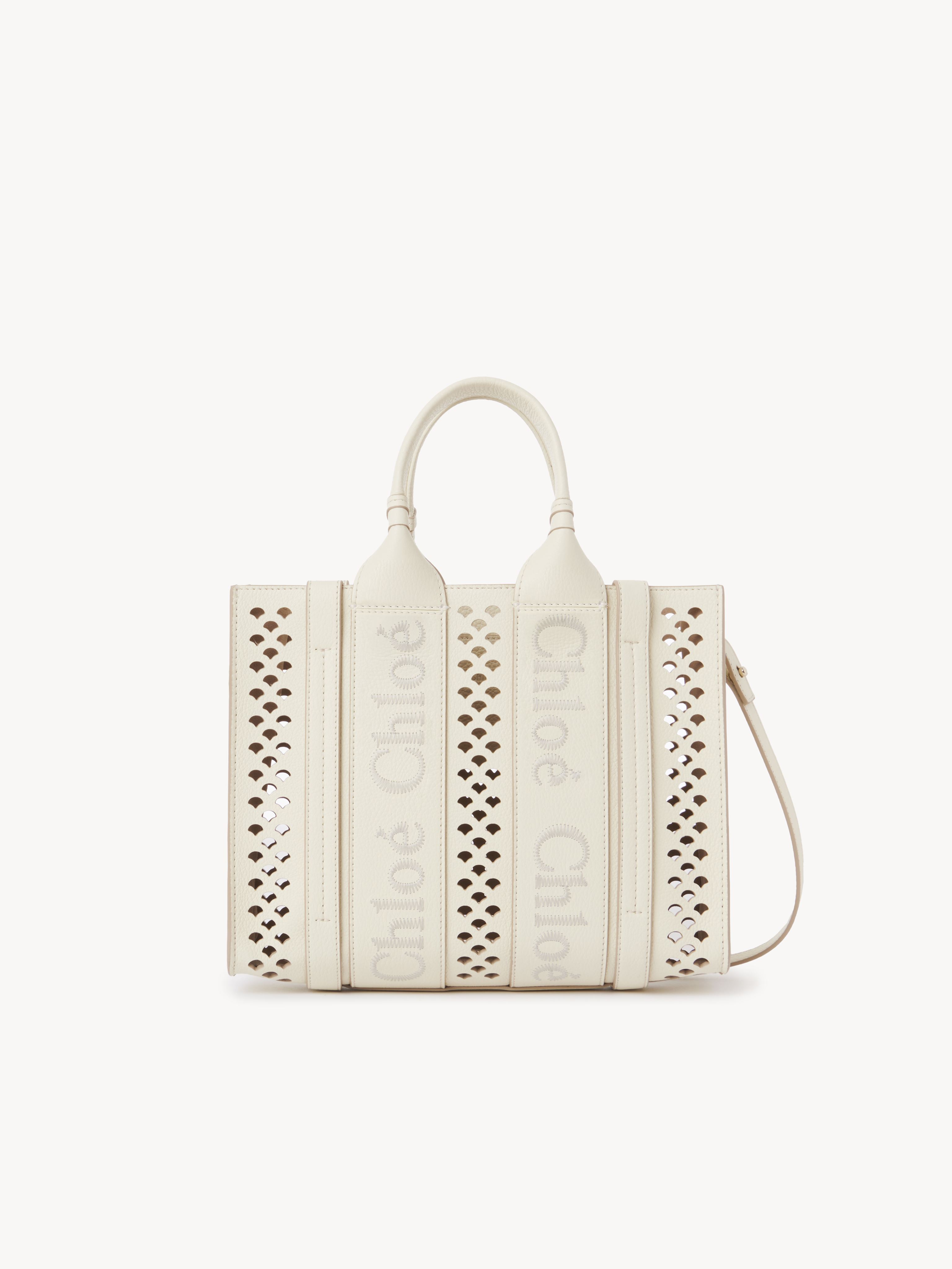 Chloé Piccola Woody White Tote Bag With Perforated Edges And Logo In Grained Leather Woman