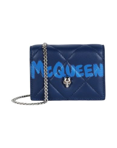 Alexander Mcqueen Kids'  Quilted Leather Graffiti Skull Card Holder On Chain Woman Cross-body Bag Blue Size