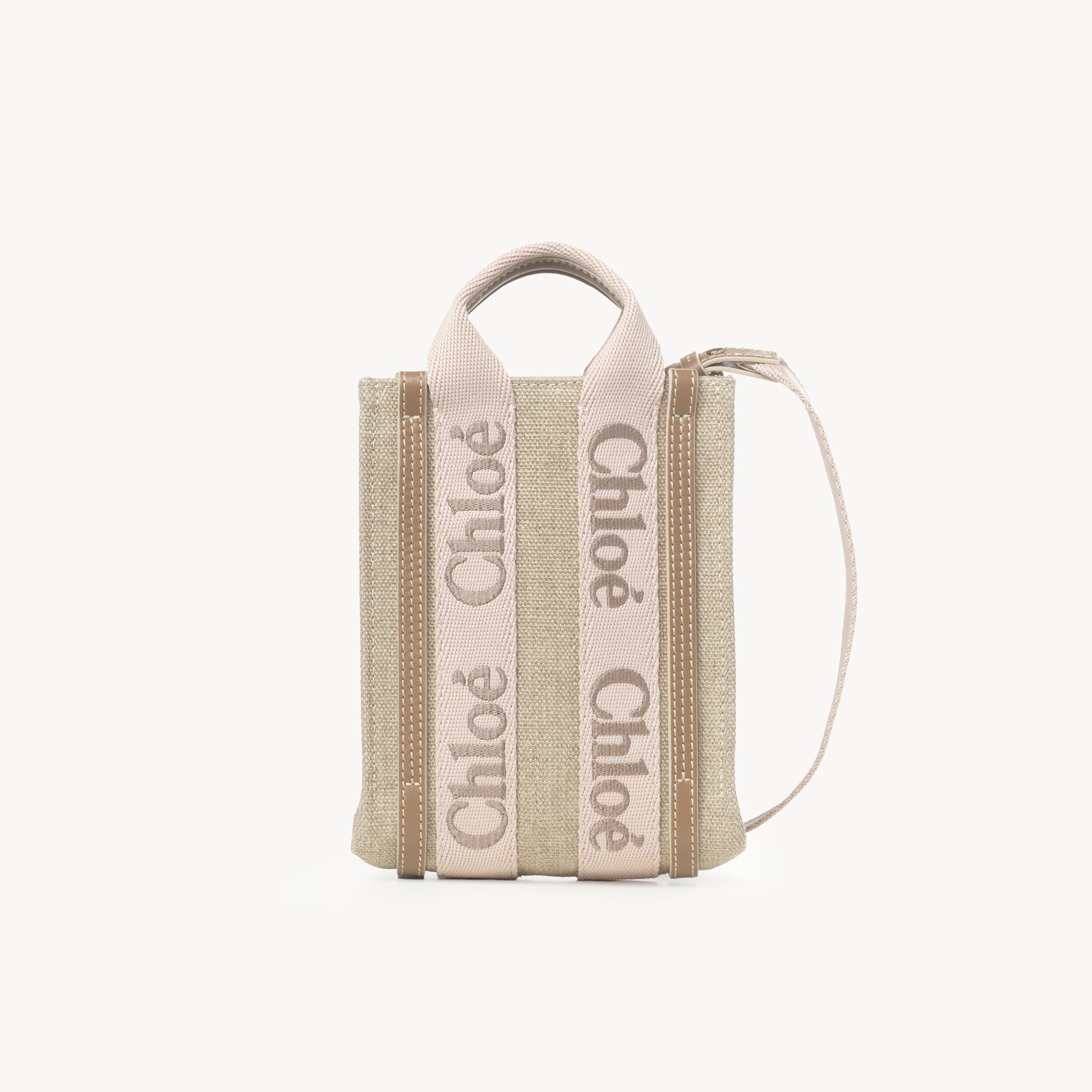 Shop Chloé Mini Sac Cabas North/south Woody En Toile De Lin Femme Beige Taille Onesize 100% Lin