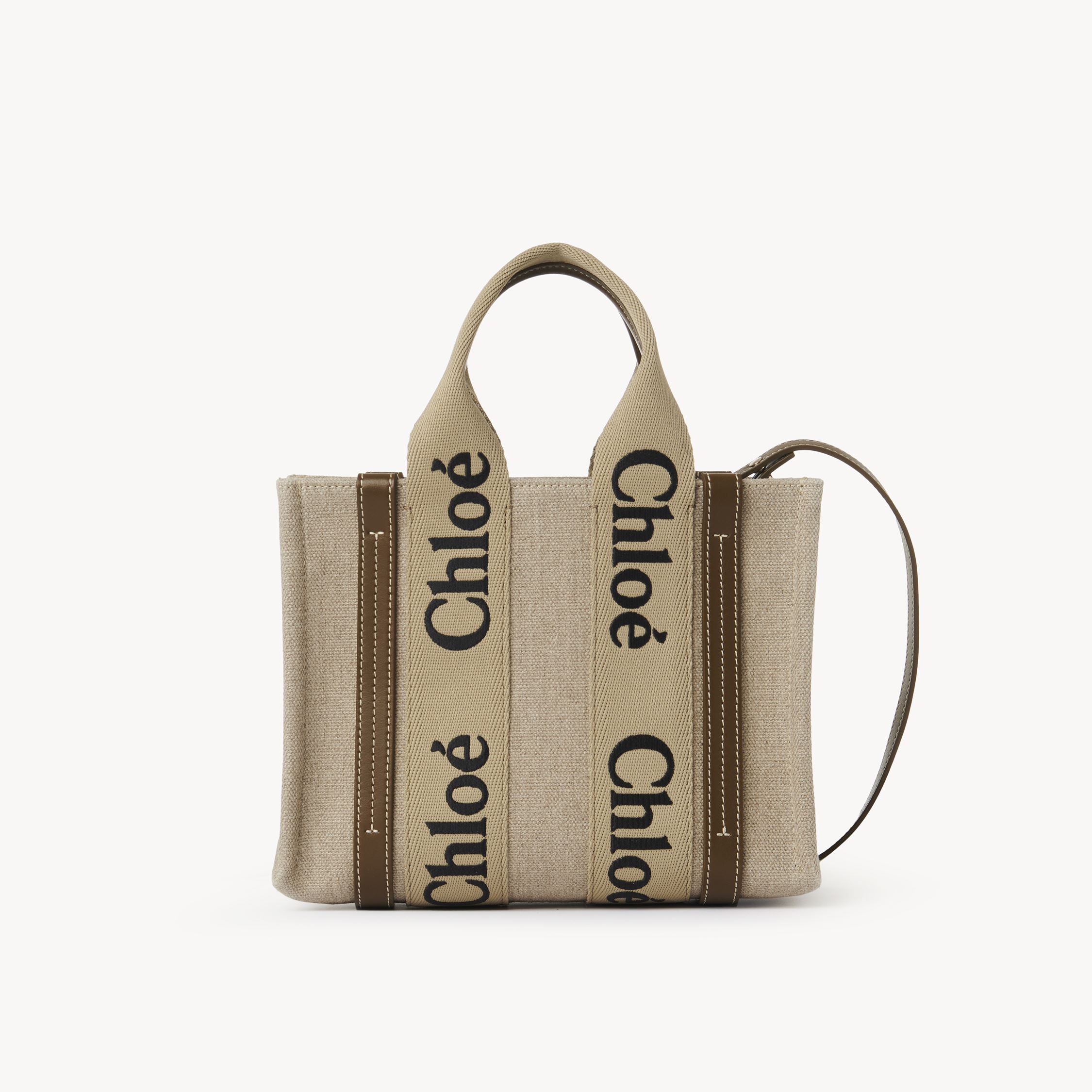 Shop Chloé Small Woody Tote Bag In Linen Brown Size Onesize 100% Linen