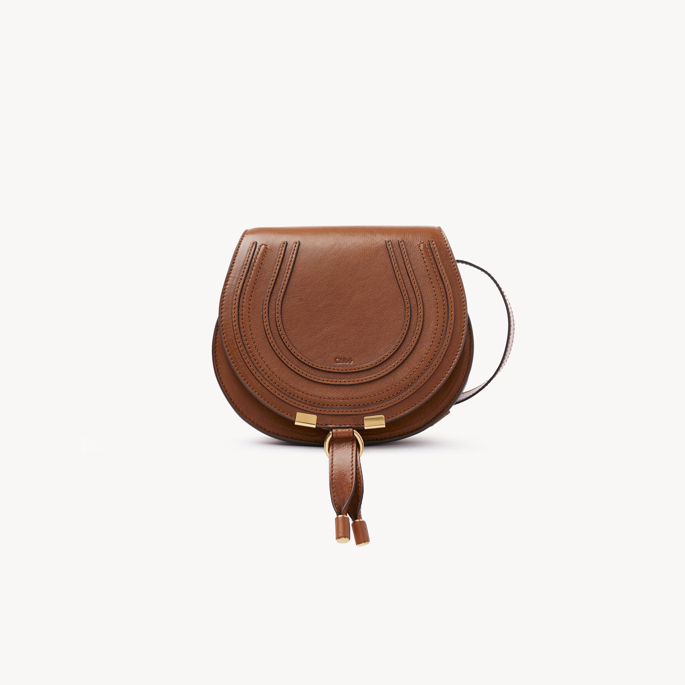 Shop Chloé Small Marcie Saddle Bag In Shiny Leather Brown Size Onesize 100% Calf-skin Leather